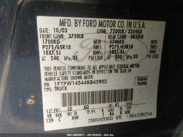 2004 FORD F-150 XLT/FX4/LARIAT VIN: 1FTPW14544KB45903
