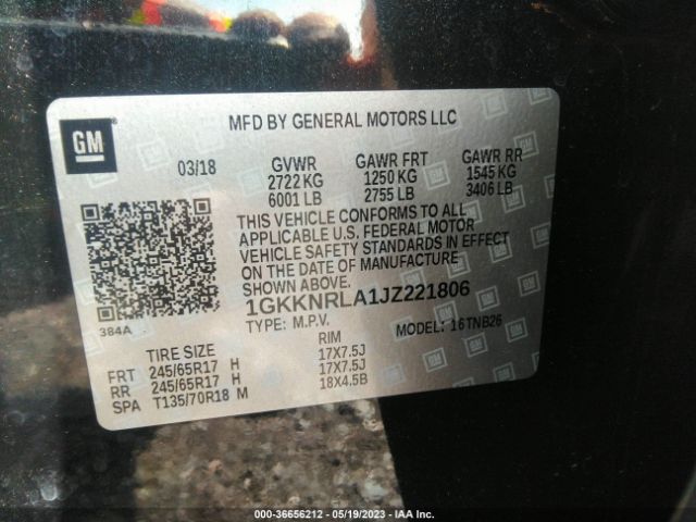 1GKKNRLA1JZ221806 GMC ACADIA SLE