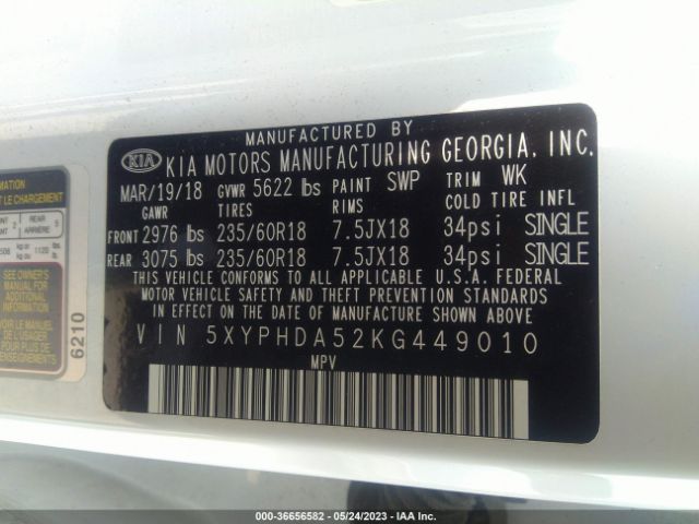 5XYPHDA52KG449010 KIA Sorento Ex V6