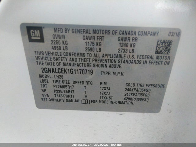 Chevrolet EQUINOX LT 2016 2GNALCEK1G1170719 Image 9