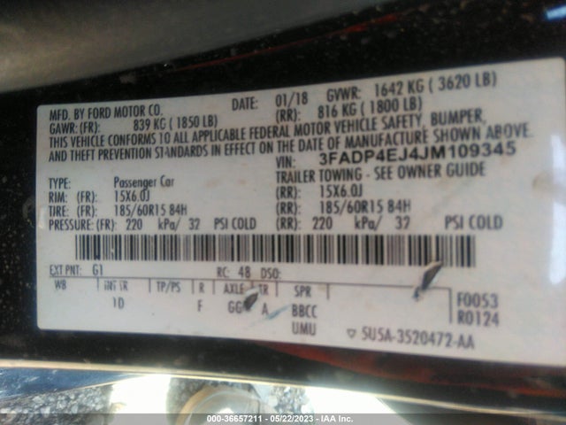 2018 FORD FIESTA SE VIN: 3FADP4EJ4JM109345
