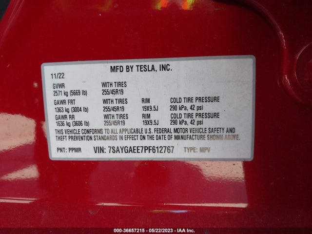 Tesla Model Y Long Range 2023 7SAYGAEE7PF612767 Image 10