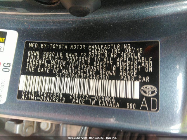2015 TOYOTA COROLLA L/LE/S/S PLUS/LE PLUS VIN: 2T1BURHE0FC446150