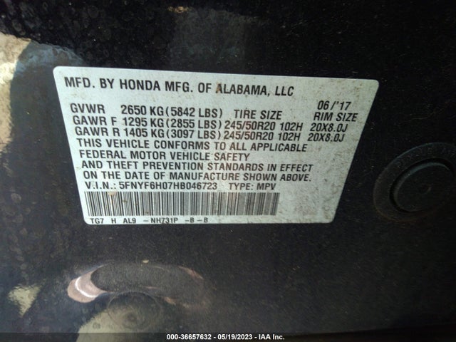 Honda Pilot Elite 2017 5FNYF6H07HB046723 Image 9