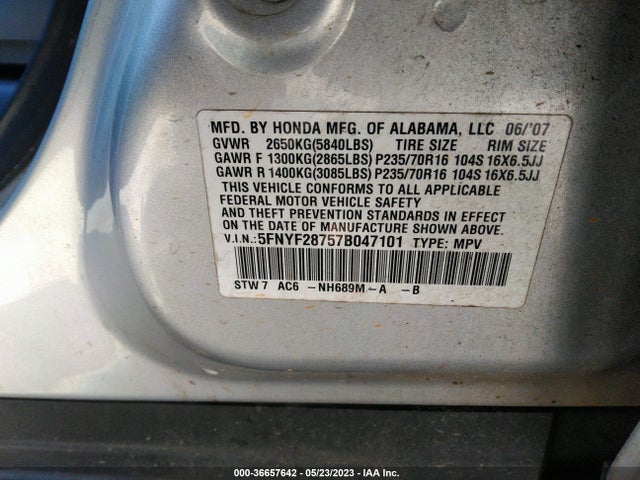 2007 HONDA PILOT EX-L VIN: 5FNYF28757B047101