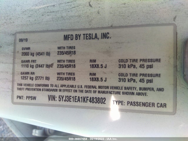 Tesla Model 3 Range 2019 5YJ3E1EA1KF483802 Image 11