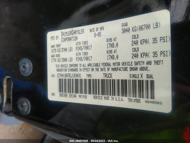 2006 DODGE RAM 1500 SLT VIN: 1D7HA18N76J103401