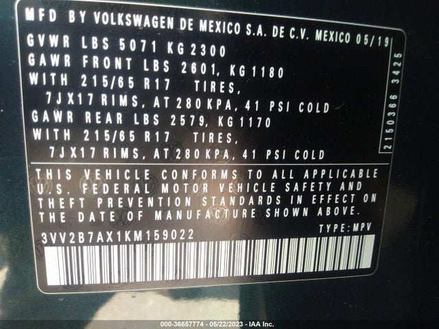 3VV2B7AX1KM159022 Volkswagen Tiguan Se/sel/sel R-line