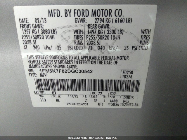 2013 FORD EXPLORER LIMITED VIN: 1FM5K7F82DGC30542
