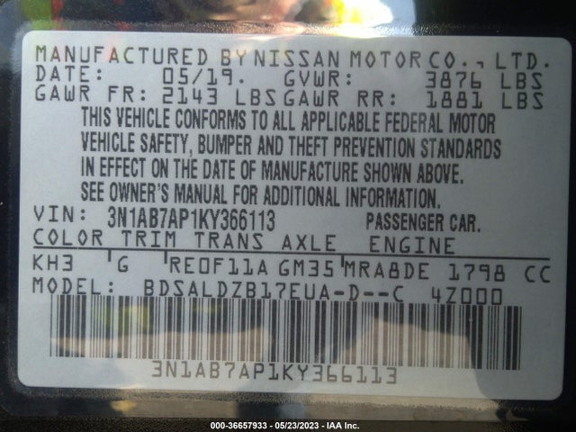 2019 NISSAN SENTRA SV VIN: 3N1AB7AP1KY366113