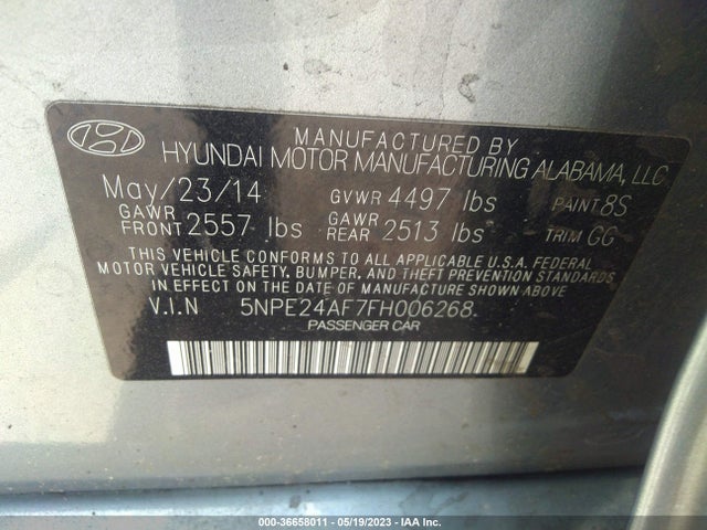 2015 HYUNDAI SONATA 2.4L SE VIN: 5NPE24AF7FH006268