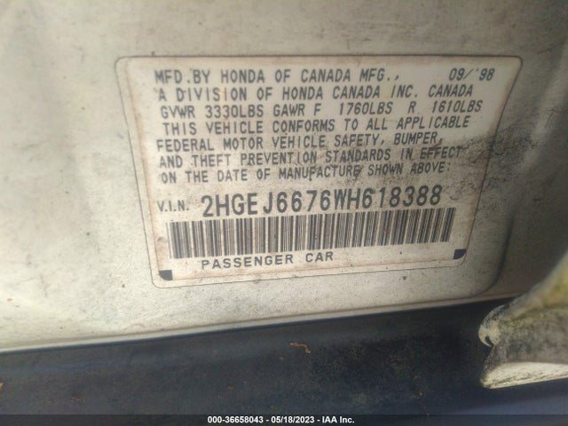1998 HONDA CIVIC LX VIN: 2HGEJ6676WH618388