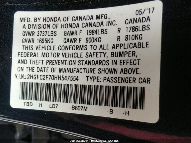 Honda Civic Sedan Ex 2017 2HGFC2F70HH547554 Image 9