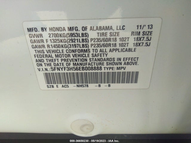Honda Pilot Ex-l 2014 5FNYF3H56EB008888 Image 9