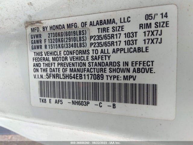 Honda Odyssey Ex-l 2014 5FNRL5H64EB117089 Image 10