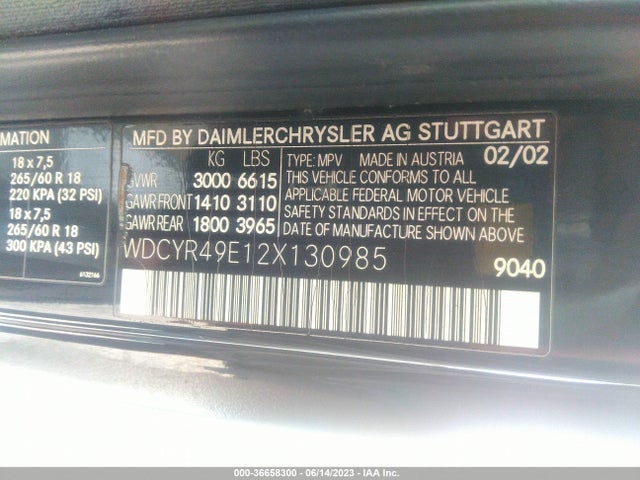 2002 MERCEDES-BENZ G-CLASS VIN: WDCYR49E12X130985