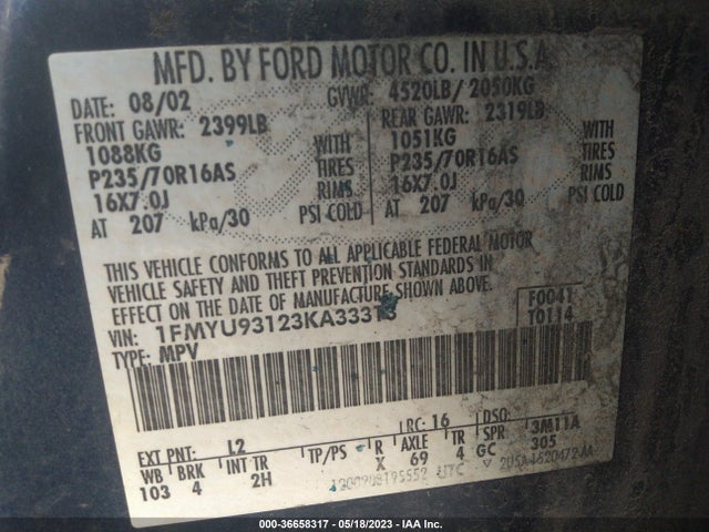2003 FORD ESCAPE XLT VIN: 1FMYU93123KA33313