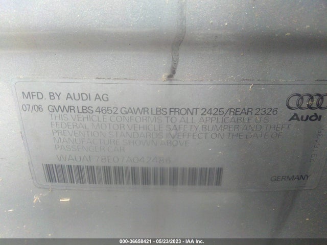 2007 AUDI A4 2.0T VIN: WAUAF78E07A042486