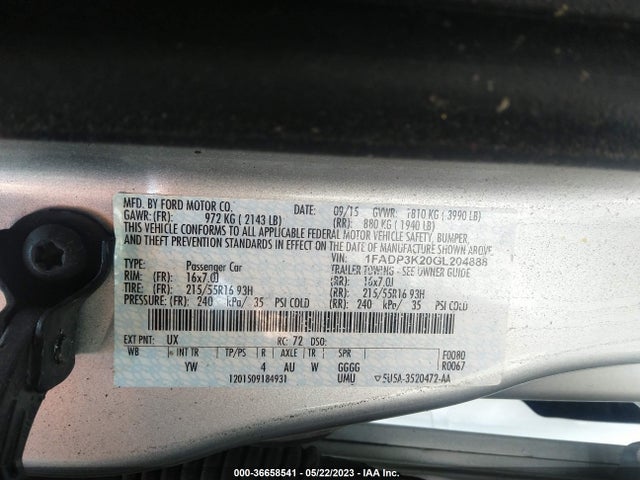 2016 FORD FOCUS SE VIN: 1FADP3K20GL204888