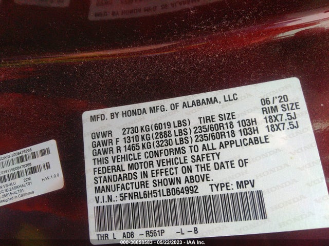 Honda ODYSSEY EX 2020 5FNRL6H51LB064992 Image 9