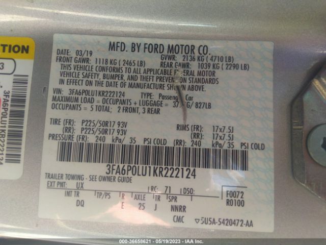 3FA6P0LU1KR222124 Ford Fusion Hybrid Se