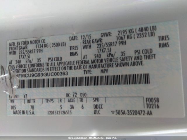 1FMCU9G93GUC00363 Ford ESCAPE SE
