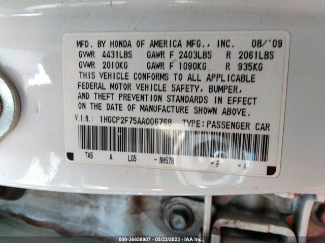 2010 HONDA ACCORD SDN EX VIN: 1HGCP2F75AA006768