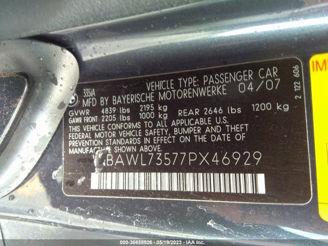 2007 BMW 3 SERIES 335I VIN: WBAWL73577PX46929