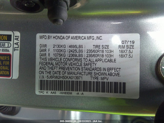 Honda CR-V EX 2019 5J6RW2H50KA013971 Image 9
