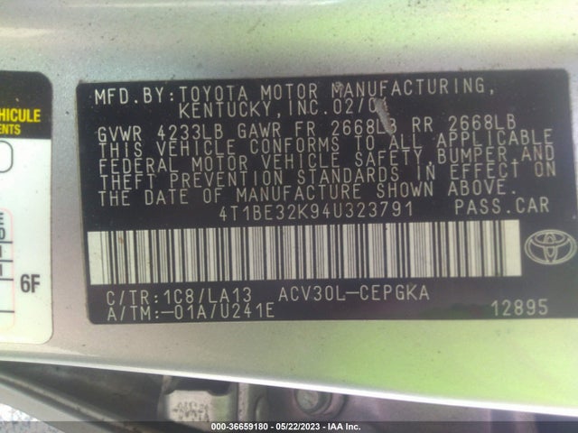 2004 TOYOTA CAMRY LE/SE/XLE/STD VIN: 4T1BE32K94U323791