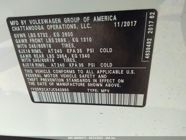 1V2DR2CA7JC542850 Volkswagen Atlas 3.6l V6 Se