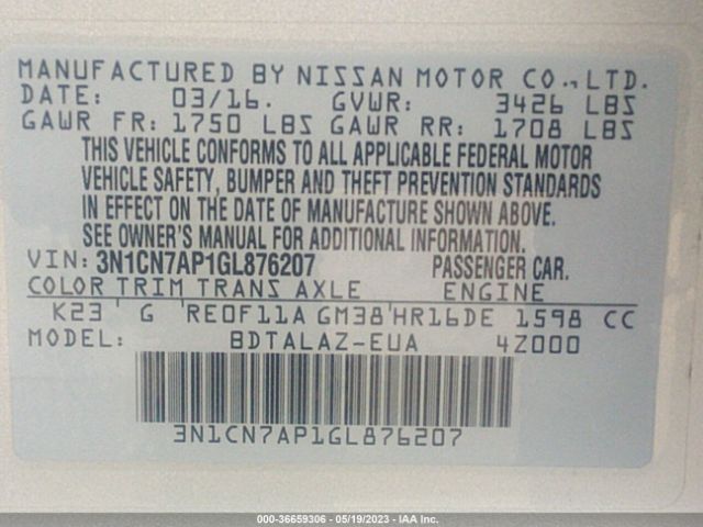 3N1CN7AP1GL876207 Nissan Versa S Plus