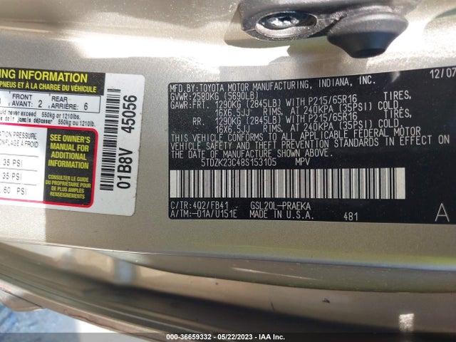 2008 TOYOTA SIENNA CE/LE VIN: 5TDZK23C48S153105