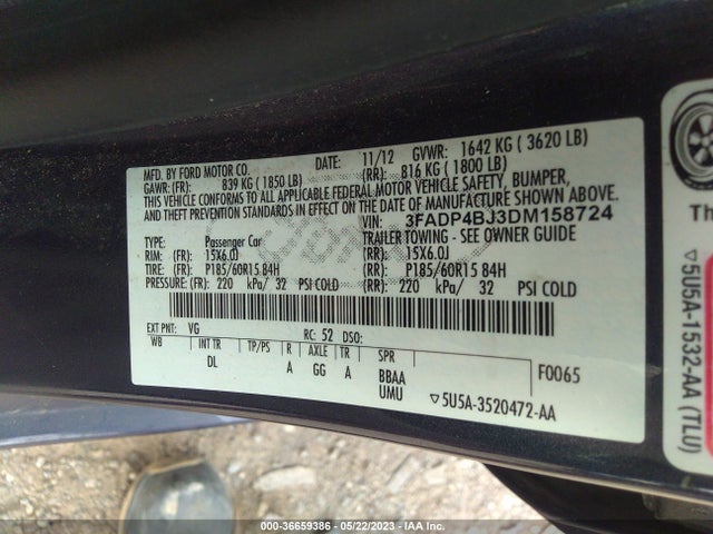 2013 FORD FIESTA SE VIN: 3FADP4BJ3DM158724