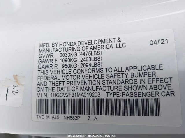 2021 HONDA ACCORD SEDAN SPORT VIN: 1HGCV2F31MA019203