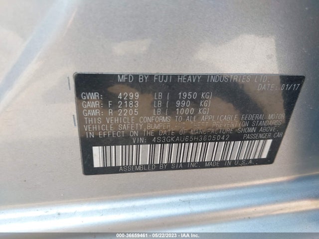 2017 SUBARU IMPREZA LIMITED VIN: 4S3GKAU65H3605042