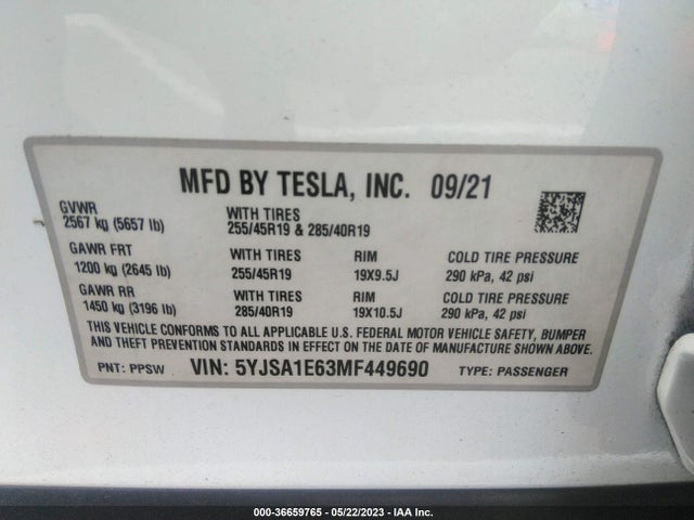 Tesla Model S Plaid 2021 5YJSA1E63MF449690 Image 9