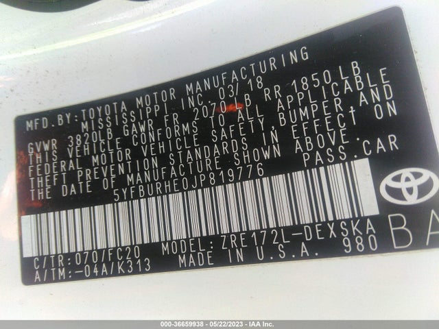 Toyota COROLLA SE 2018 5YFBURHE0JP819776 Image 10