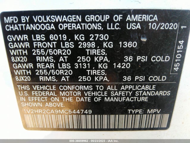1V2HR2CA9MC544749 Volkswagen Atlas 3.6l V6 Se W/technology