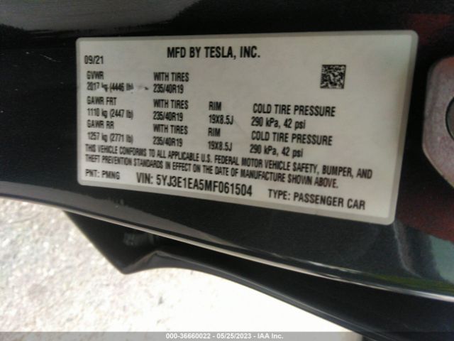 5YJ3E1EA5MF061504 Tesla Model 3 Standard Range Plus