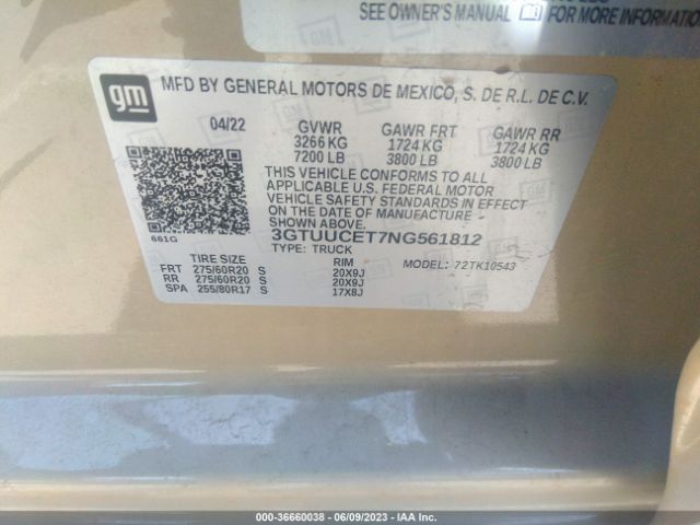 3GTUUCET7NG561812 GMC Sierra 1500 Elevation