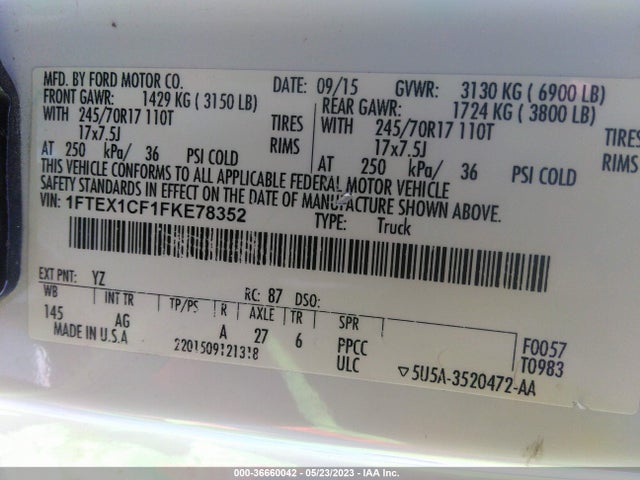 Ford F-150 Xl/lariat/xlt 2015 1FTEX1CF1FKE78352 Image 9