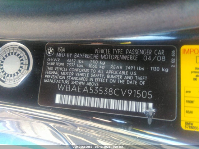 2008 BMW 6 SERIES 650I VIN: WBAEA53538CV91505
