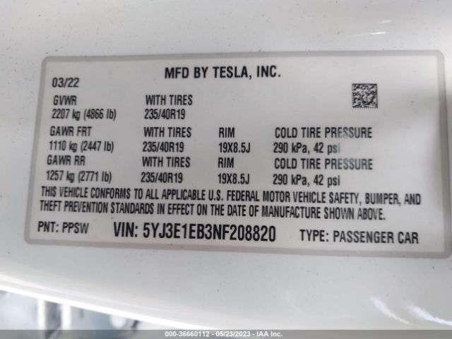 5YJ3E1EB3NF208820 Tesla Model 3 Long Range