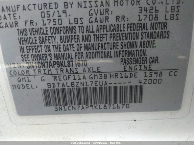 3N1CN7AP9KL871670 Nissan Versa Sedan Sv