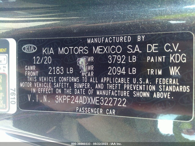 2021 KIA FORTE LXS VIN: 3KPF24ADXME322722