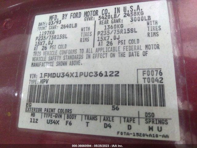 1993 FORD EXPLORER VIN: 1FMDU34X1PUC36122