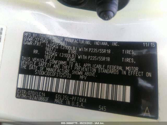 Toyota SIENNA XLE 2015 5TDDK3DC0FS125703 Image 9