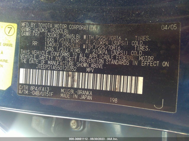 2005 TOYOTA HIGHLANDER VIN: JTEEP21A550120352
