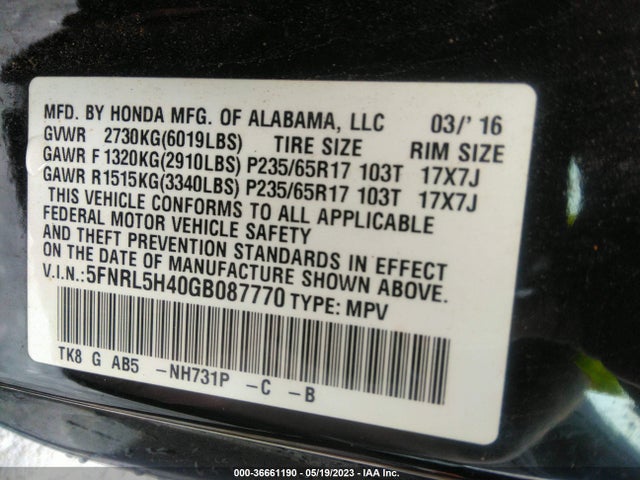 Honda ODYSSEY EX 2016 5FNRL5H40GB087770 Image 9